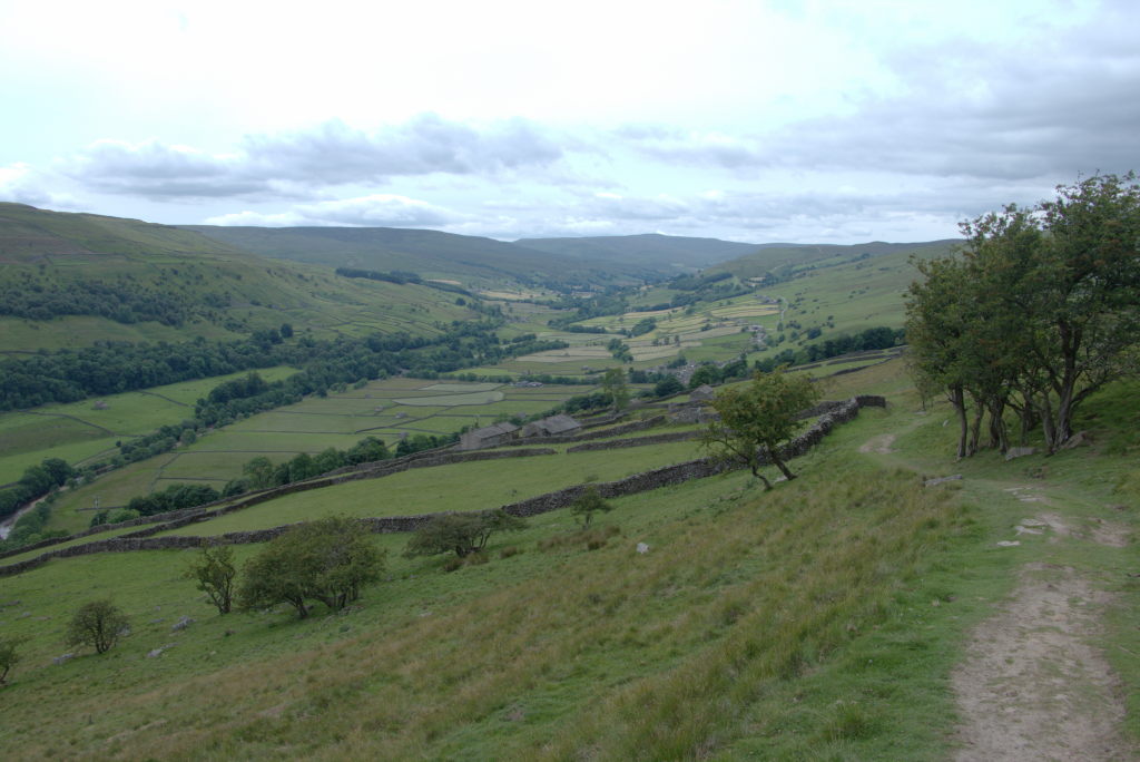 Ein Blick das Swaledale hinauf mit dem Fluss in der Mitte