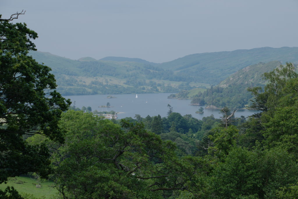 Ein Blick auf Ullswater über die Baumwipfel und Patterdale hinweg