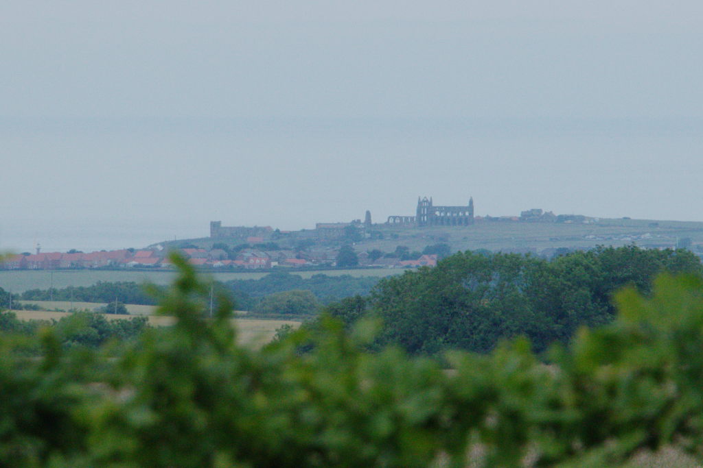 Die Ruinen von Whitby Abbey am Horizont