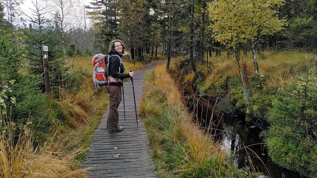 Manu on a wooden boardwalk through the moor along a small stream