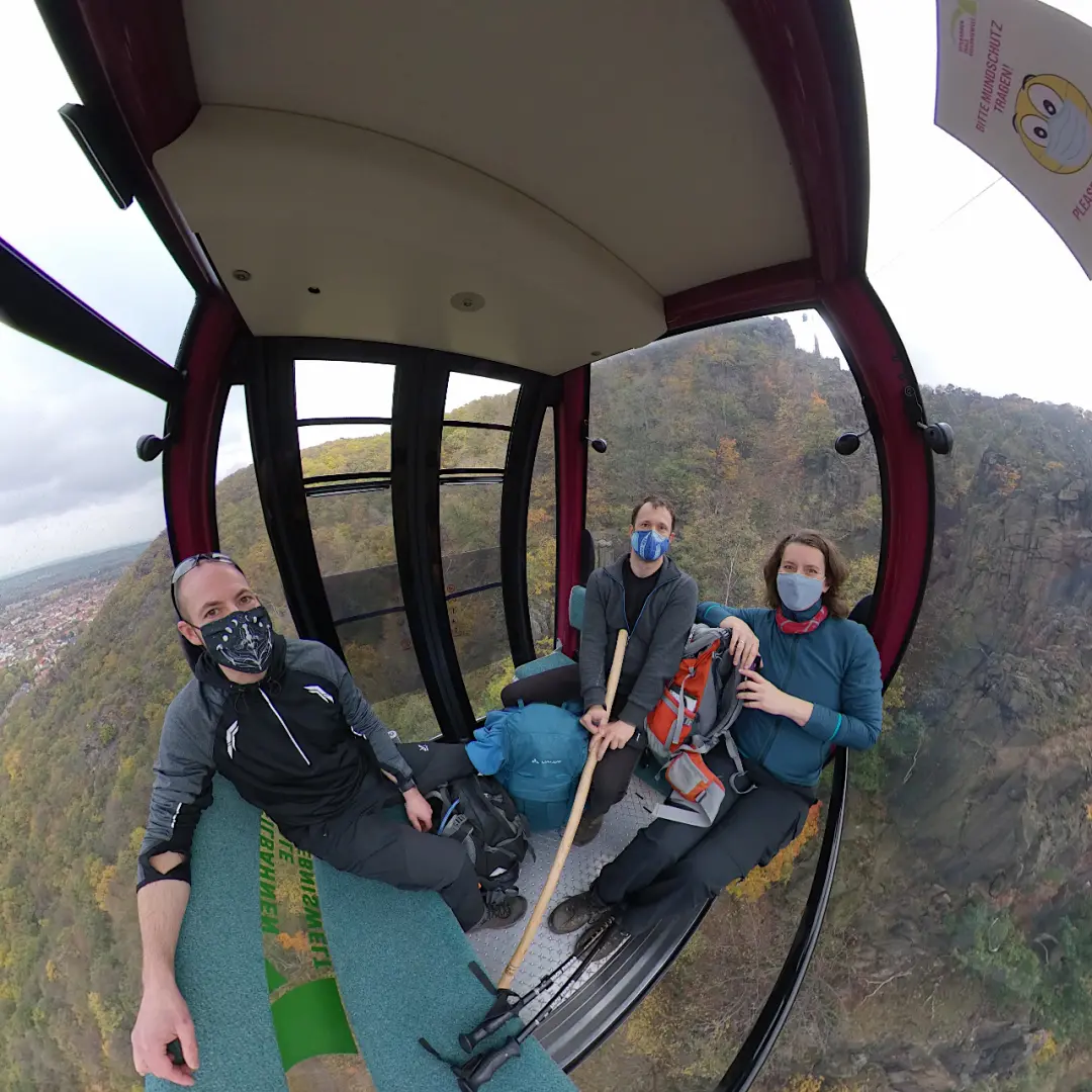 Manu, Daniel & Markus wearing masks in a gondola of the Hexentanzplatz cable car