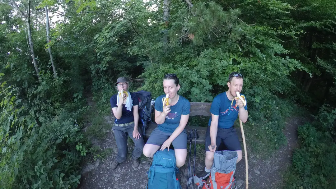 Lütti, Manu und Markus auf einer Bank im Wald. Alle beißen in eine Banane