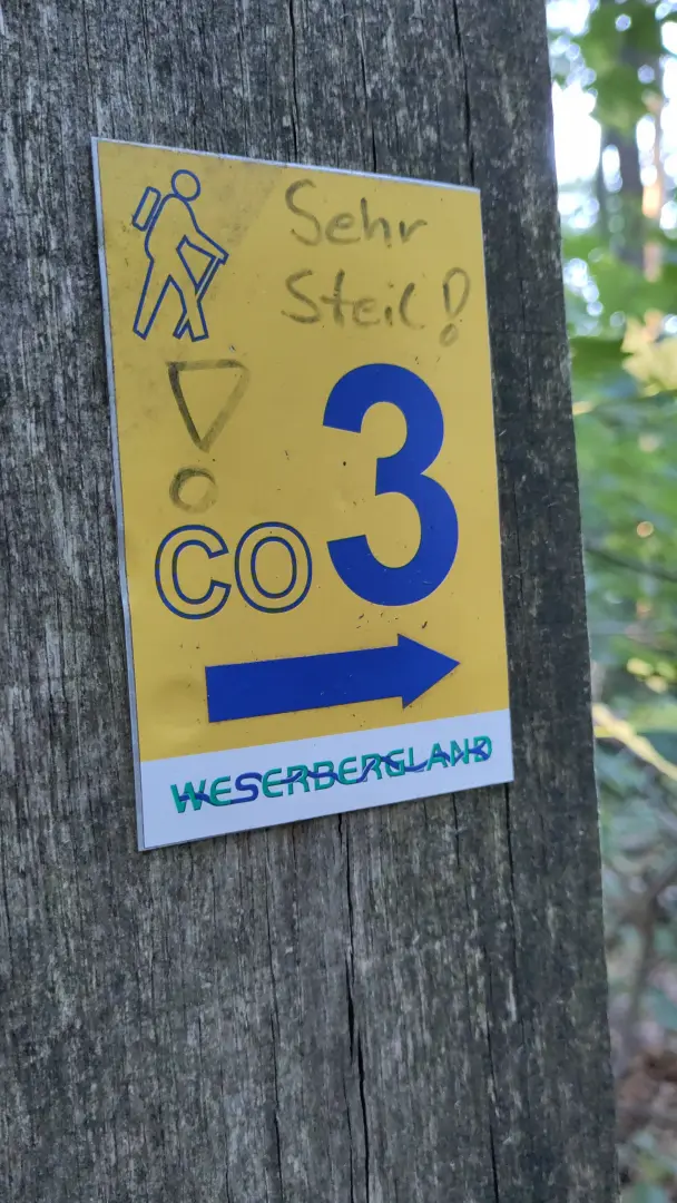 Wegweiser CO 3 des Weserberglandes. Jemand hat mit Edding "Sehr steil!" danebengeschrieben.