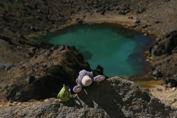 GG und ein kleiner Plüschmaulwurf guckenn über einen Stein. Im Hintergrund sieht man kleine Kraterseen