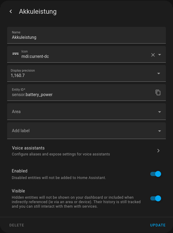 The settings of an entity called "Akkuladung" (battery charge) in Home Assistant. The settings contain a drop-down for "Display precision"