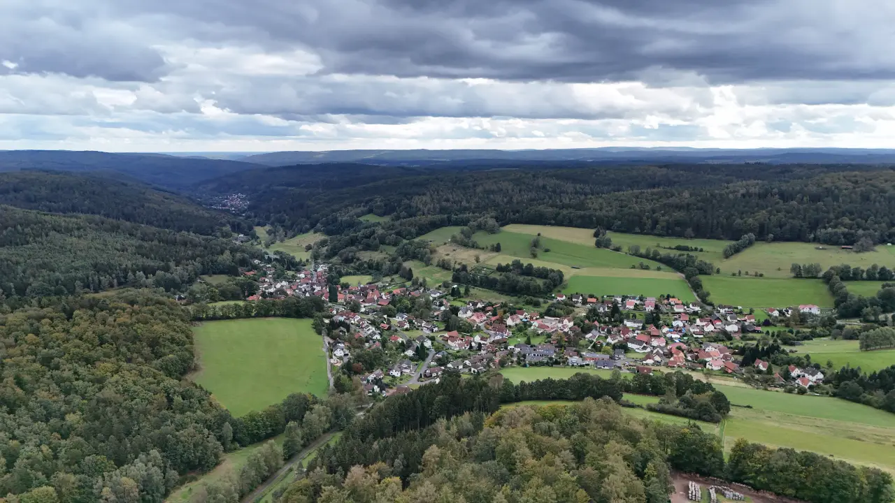 Aerial view across the Flörsbach valley with Flörsbach in the foreground