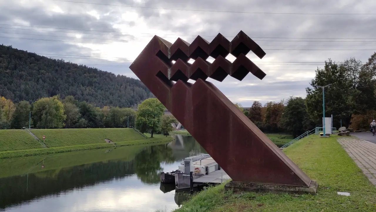 A sculpture made of rusted steel