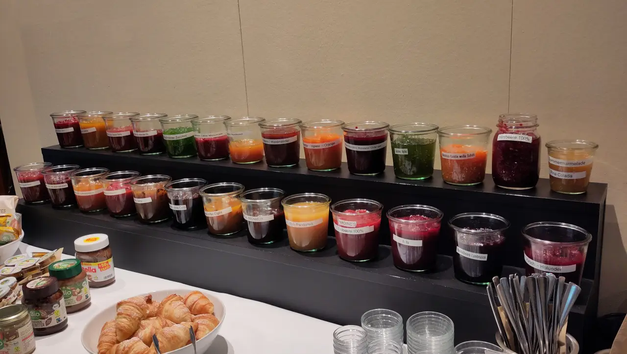 27 jars of homemade jam at the buffet