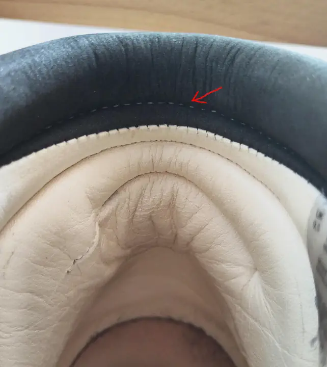 View into the shaft of a hiking boot with a wrongly placed seam